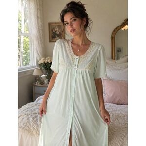 Vanity Fair Vintage Mint Green Lace Embroidered Nylon Nightgown M